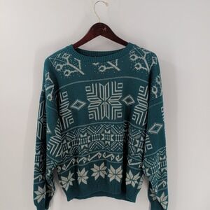 VTG‎ Xmas Winterwear Comfort Fair Isle Knit Pullover Jumper Sweater Green White